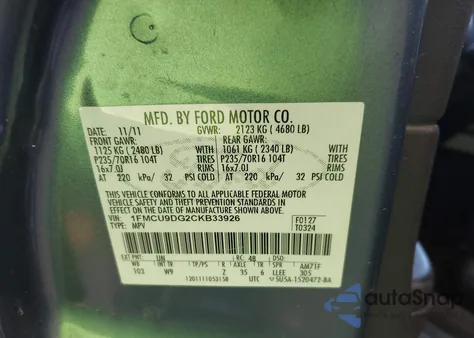 2012 Ford Escape Xlt z USA, uszkodzony, nr VIN 1FMCU9DG2CKB33926